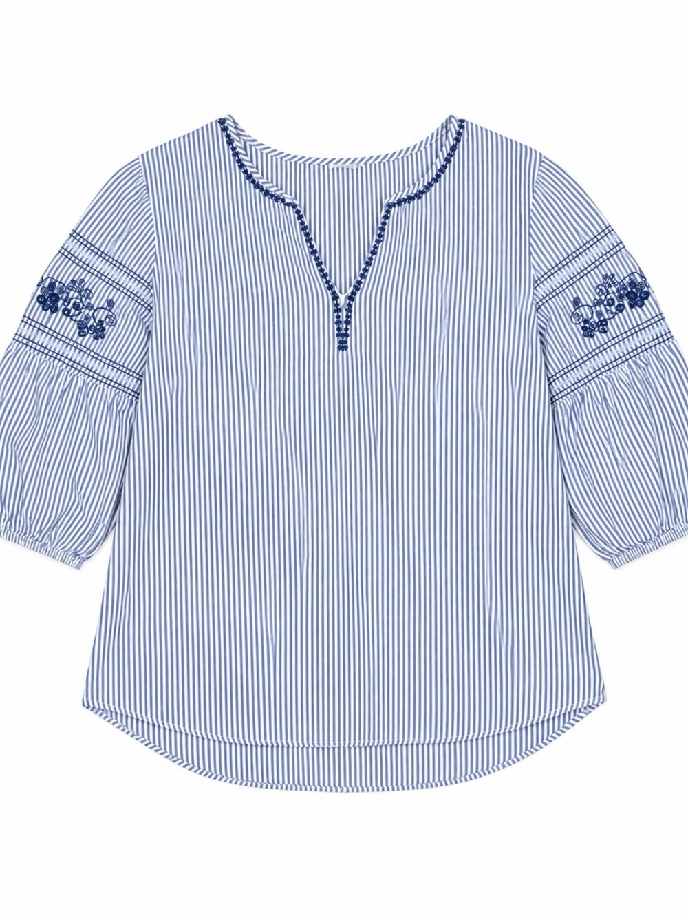 St. John’s Bay XL Blue White Striped Embroidered Cotton Balloon Sleeve Top